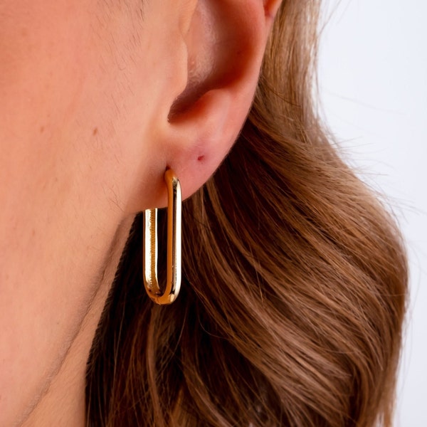 14K Gold Oblong Rectangle Earrings, Rectangle and Oval Shape Earrings, Minimalist Hoop Earrings, Dainty Gold Earrings, Minimalist Huggie