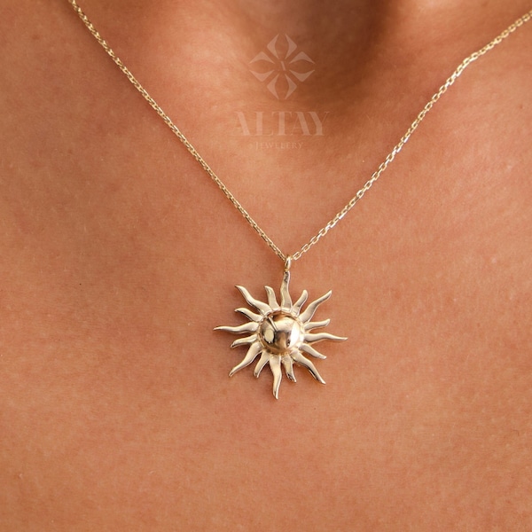 14K Gold Sun Necklace, Sunburst Celestial Pendant, Sun Charm Choker, Gold Sun Medallion, Gold Layering Chain, Gold Solar Necklace, Gift