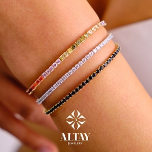 14K Gold Tennis Bracelet, 2mm Cz Diamond Tennis Bracelet, Cubic Zirconia Tennis Bracelet, Real Gold Women Bracelet, Multicolor Gold Bracelet