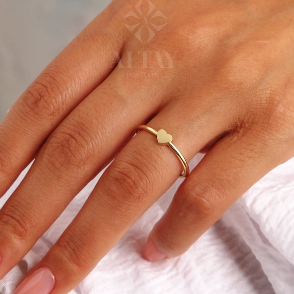 Anello cuore in oro massiccio 14K, anello impilabile delicato minimalista, anello di promessa, anello cuore di San Valentino, piccola forma d'amore, regalo per lei, vero oro