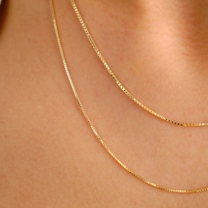 14K Gold Box Chain Necklace, 0.75mm 1mm Box Chain Necklace, Shiny Box Chain Choker, Dainty Layered Necklace, Simple Chain Necklace