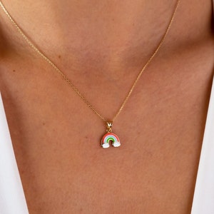 14K Gold Rainbow Necklace, Rainbow Pendant Necklace, Dainty Gold Necklace, Colorful Friendship Necklace, Pride Charm Choker, Gift For Her