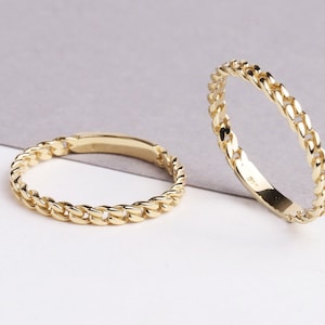 14K Gold Chain Ring, 2MM Cuban Link Ring, Thin Chain Curb Ring, Cuban Chain Ring, Solid Gold Stacking Ring, Minimalist Chain Link