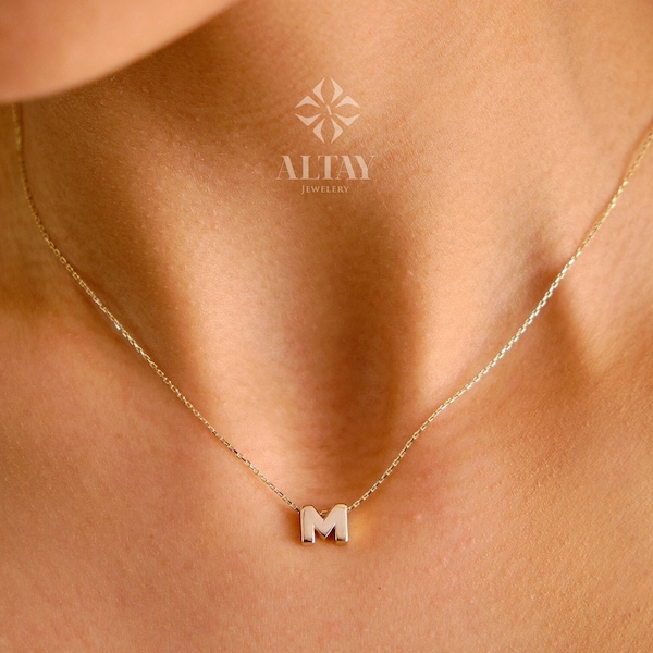 14K Solid Gold Initial Necklace, Letter Pendant Choker, Minimal Letter Charm, Name Necklace, Dainty Personalized Pendant, Gift For her