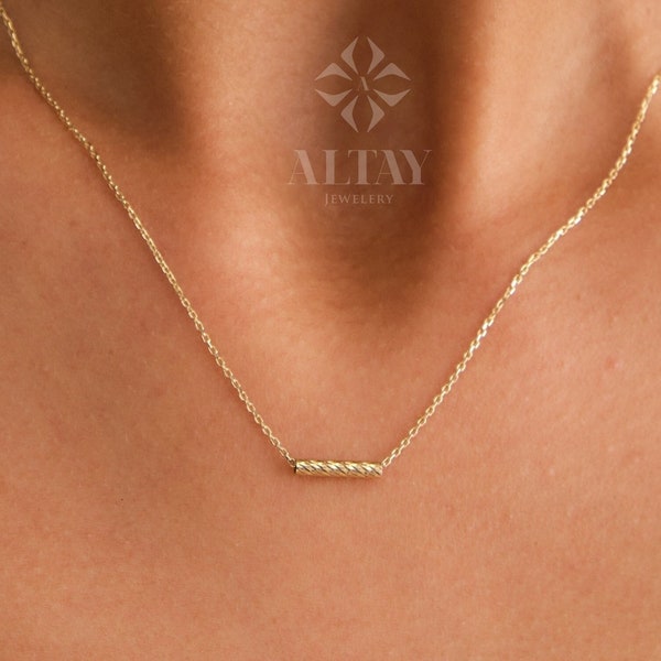 14K Gold Tube Bar Halskette, strukturierter Bar Anhänger, Bar Chain Choker, Layering Gold Halskette, zierliche Tube Charm Halskette, zartes Geschenk