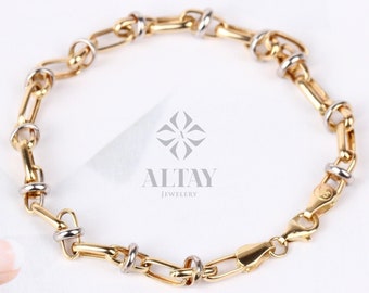 14K Gold Two Tone Chain Bracelet, Oval Chain Bracelet, Rectangle Long Paperclip Chain Anklet, Chunky Chain Link, Two-Tone Bracelet