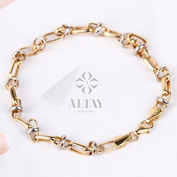 14K Gold Two Tone Chain Bracelet, Oval Chain Bracelet, Rectangle Long Paperclip Chain Anklet, Chunky Chain Link, Two-Tone Bracelet