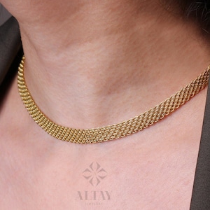 14K Gold Bismark Necklace, 4.4 mm Curb Chain Choker, Herringbone Stack Link Charm, Braided Bismarck Christmas Valentine&#39;s Day Gift For Her