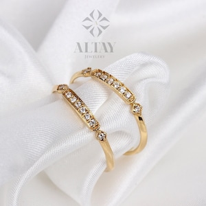 14K Gold Art Deco Wedding Band Ring, Princess Ring, Vintage Style Wedding, Half Eternity Bridal Ring, Cute Stacking Ring, Gold Promise Ring