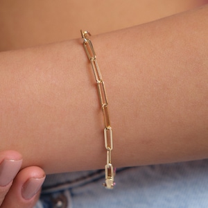 14K Gold Paperclip Chain Bracelet, 3mm Rectangle Long Chain, Chunky Chain Link Bracelet, Stacking Bracelets, Dainty Chain, Gift For Her