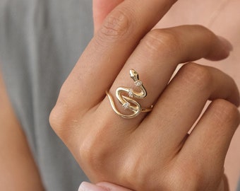 14K Gold Snake Ring, Snake Band, Open Serpent Jewelry, Dainty Stacking Animal Rings, CZ Snake Style Band, Open Band Statement Wrap Ring