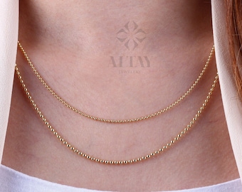 14K Gold Beaded Chain Necklace, Italian Ball Bead Choker, 1.5MM 2MM Layering Link Necklace, Delicate Dainty Gold Beads, Gift For Her Him