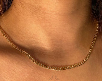 14K Solid Gold Curb Chain Necklace, 3mm Layering Choker, Unisex Necklace, Cuban Link Necklace, Dainty Jewelry, Gift For Her Him