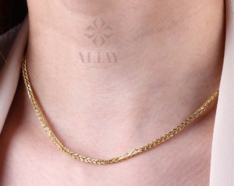 14K Gold Palm Franco Chain Necklace, Wheat Foxtail Curb Choker, Men Women Palm Link Charm, Palm Wheat Chain Pendant, Spiga Chain Necklace