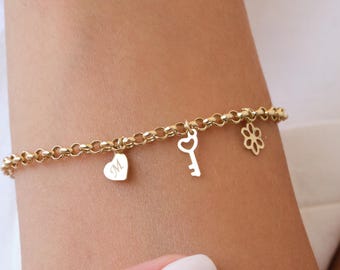 14K Gold Charm Bracelet, Initial Heart Charm Bracelet, Dainty Gold Chain Bracelet with Key Charm, Personalized Gold Jewelry Gift