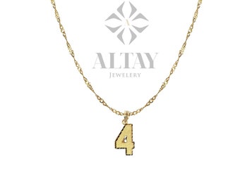 14K Solid Gold Number Pendant 0-9 Diamond Cut Necklace Charm, 1mm 2mm 3mm Singapore Chain Necklace, Twist Chain Choker, Singapore Rope Chain