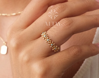 14K Gold Half Eternity Daisy Ring, Floral Wedding Band Ring, Thick Multi Daisy Ring, Minimalist Matching Stacking Ring, Turquoise Ring