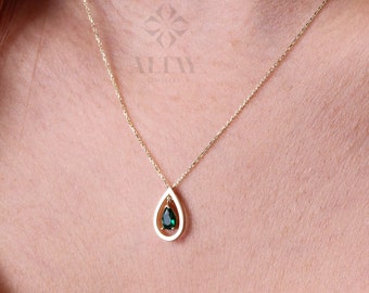 14K Gold Pear Shape Emerald Necklace, Teardrop Emerald Pendant, Solitaire Necklace, Pear Cut Birthstone Necklace, Halo Pendant, Moms Gift