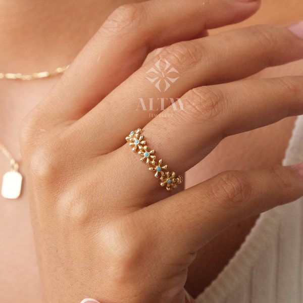 14K Gold Half Eternity Daisy Ring, Floral Wedding Band Ring, Thick Multi Daisy Ring, Minimalist Matching Stacking Ring, Turquoise Ring