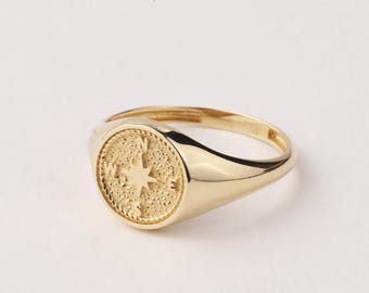 14K Gold Compass Ring, Polar Star Band, North Star Turquoise Ring, Astrology Starburst Ring, Luck Star, Celestial Pinky Ring