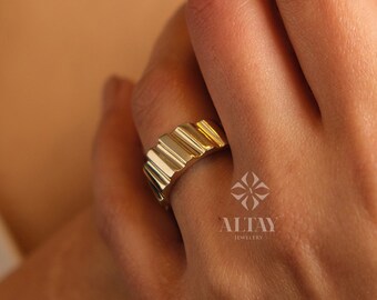 14K Gold Ruffles Ring, Dome Croissant Ring, Iconic Dome Ring, Dainty Gold Bold Dome Ring, ZigZag Twist Ring, Gold Thick Band, Gift For Her