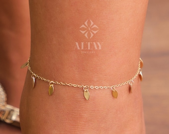 14K Gold Dangling Leaf Anklet, Leaf Charm Anklet, Coin Charm Chain Ankle Bracelet, Body Jewelry, Friendship Gift