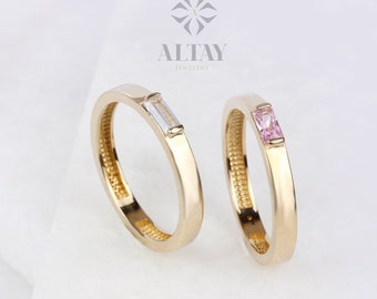 14K Gold Geburtsstein Ring, Baguette Edelstein Band, Gold Stapelring, zierliche Hochzeit Ring, Weihnachten kleine stapelbare Ring, Geschenk für sie