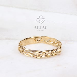 14K Gold Palm Franco Chain Ring, Wheat Foxtail Curb Chain Ring, Men Women Palm Link Ring, Palm Wheat Chain Ring, Spiga Chain Ring