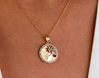 14K Gold Tree of Life Necklace, Family Tree CZ Diamond Pendant Necklace, Tree of Life Circle Charm, Women Minimalist Jewelry, Dainty Choker