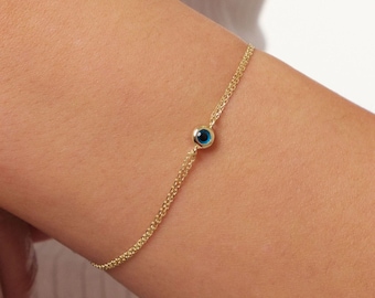 14K Gold Evil Eye Bracelet, Evil Eye Charm Bracelet, Gold Cable Chain Bracelet, Minimalist Everyday Protective Jewelry, Gift For Her