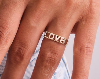 14K Gold Love Ring, Love Word Signet Ring, Stackable Love Ring, Dainty Script Love Ring, Love Engraved Gold Ring, Love Jewelry, Engagement