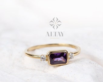 14K Gold Genuine Amethyst Ring, Diamond February Birthstone, Purple Amethyst Ring, Unique Amethyst Ring, Stacking Amethyst Ring, Jewelry