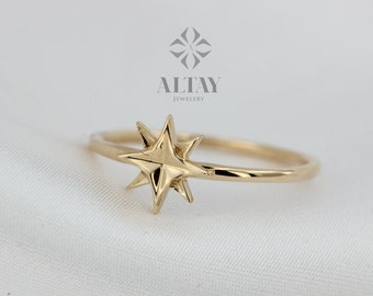 14K Solid Gold North Star Ring, Star Stackable Ring, Dainty Star Ring, Gold Starbust Ring, Minimalist Fine Jewelry, Gift For Her , Delicate