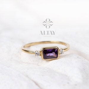 14K Gold Genuine Amethyst Ring, Diamond February Birthstone, Purple Amethyst Ring, Unique Amethyst Ring, Stacking Amethyst Ring, Jewelry