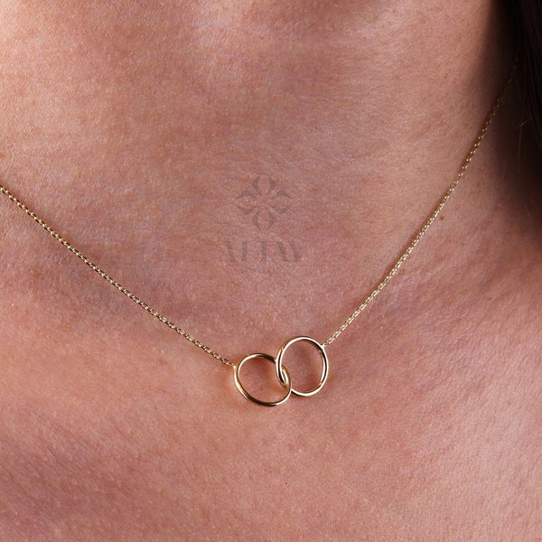 Collar infinito de oro de 14K, collar de eslabón de unidad, gargantilla entrelazada de doble círculo minimalista y delicado, colgante de capas delicadas, encanto simple