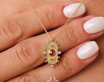14K Gold Birthstone Pendant Necklace, Personalized Gold Necklace Garnet, Garnet Stone Necklace, Dainty Red Stone Necklace, Anniversary Gift