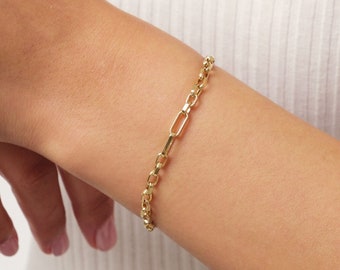 14K Gold Paperclip Chain Bracelet, 3mm Rectangle Paper Clip Chain, Thick Square Box Link, Square Rolo Gold Link, Woman Man Gold Bracelet