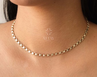 14K Gold Rolo Chain Necklace, 5mm Gold Link Belcher Chain Choker, Belt Link Charm Necklace, Minimal Delicate Round Necklace, Woman, Man