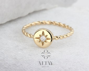 14K Gold North Star Ring, Gold Polar Star Band, Gold Cz Diamond Star Ring, Astrology Starburst Ring, Luck Star Ring, Celestial Pinky Ring