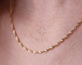 14K Gold Singapore Chain Necklace, 1.5MM Singapore Twist Chain Choker, Singapore Rope Chain, Twisted Singapore Layering Necklace