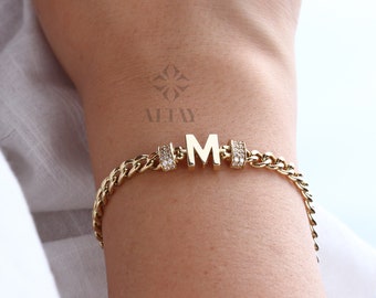 14K Gold Cuban Link Initial Bracelet, 5mm Curb Letter Chain, Custom Miami Cuban Bold Link, Personalized Bracelet, Unisex Name, Gift For Her