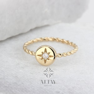14K Gold North Star Ring, Gold Polar Star Band, Gold Cz Diamond Star Ring, Astrology Starburst Ring, Luck Star Ring, Celestial Pinky Ring