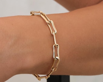 14K Gold Paperclip Chain Bracelet, Elongated Link Gold Bracelet, Minimal Solid Gold Chain, Everyday Stacking Bracelet Gift
