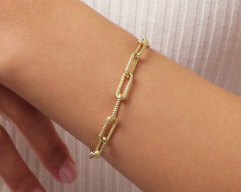 14K Gold Paperclip Chain Bracelet, 4.5mm Rectangle Long Chain, Rope Chain Link Bracelet, Stacking Bracelets, Twisted Chain, Gift For Her