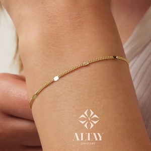 14K Gold Cuban Station Bracelet, 2mm Cuban Coin Chain Bracelet, Sparkle Thin Lace Charms, Delicate Mirror Curb Glitter Anklet, Gift For Her