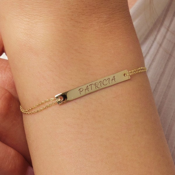 14K Gold Bar Bracelet, Custom Bar Bracelet, Personalized Name Bracelet, Engraved Bracelet for Women, Friendship Bracelet, Mothers Day Gift