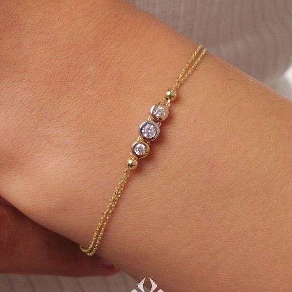 14K Gold Trio Bezel Diamond Bracelet, Three Stone Diamond Bracelet, Dainty Gold Bracelet,  Bracelets for Women, Memorial Day Sale