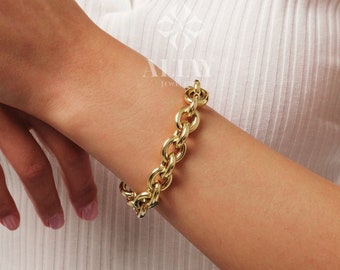 14K Gold Paperclip Rolo Chain Bracelet, Oval Rectangle Paper Clip Chain, Gold Thick Flat Oval Link, Rolo Gold Link, Woman Man Gold Bracelet