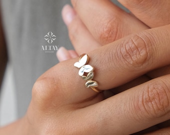 14K Gold Butterfly Ring, Dainty Gold Stacking Ring, Statement Valentine's Day Ring, Double Butterfly Ring, Minimalist Everyday Fine Jewelry