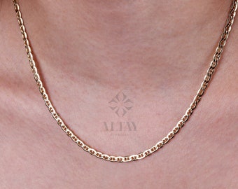 14K Gold Anchor Mariner Chain Necklace, 3mm Flat Choker Layering, Mariner Curb Chain, Gold Mariner Link Chain Charm, Shiny Link Gift For Her